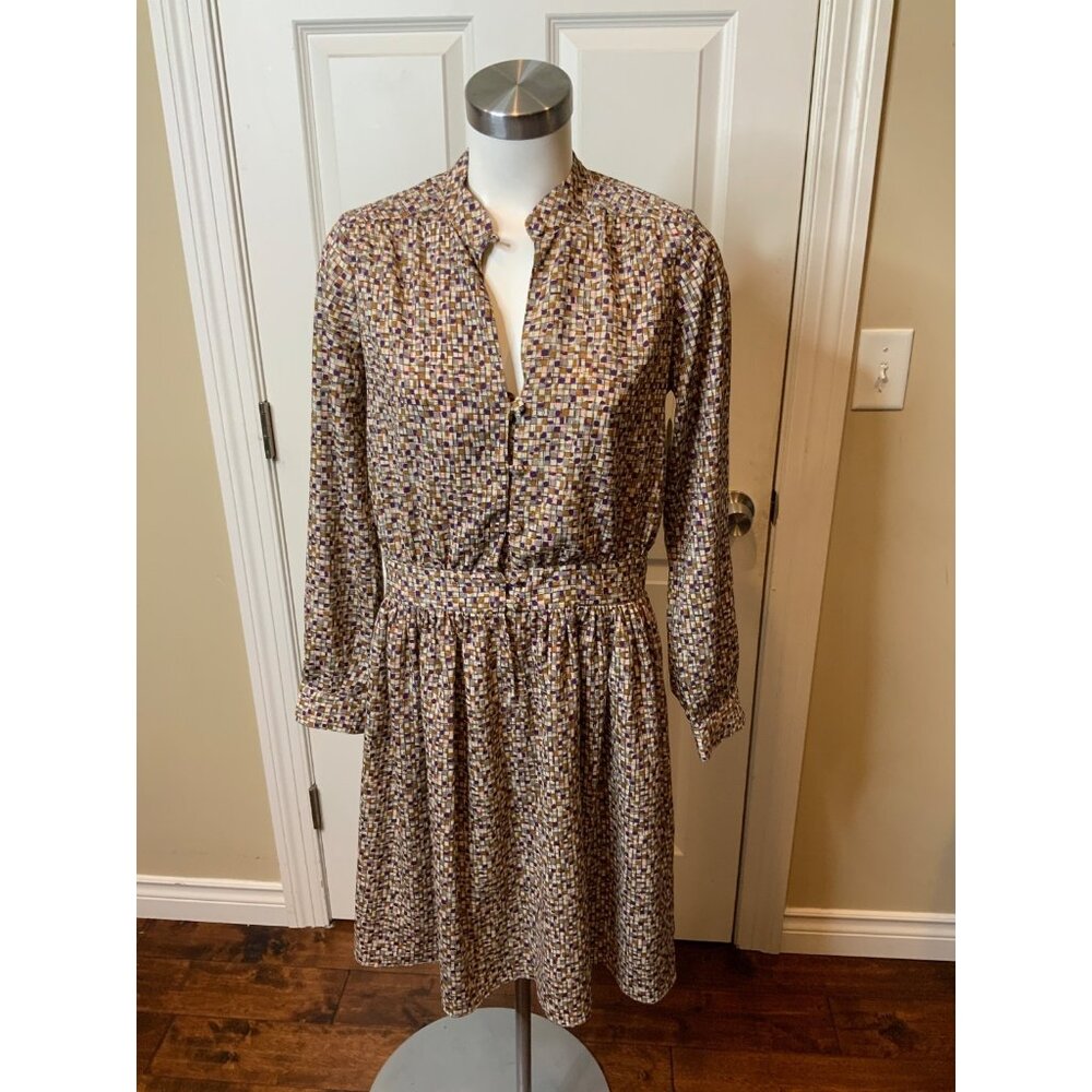 Mayle Tan & Multicolor Geometric Patterned Button-Up Shirt Dress, Size 8